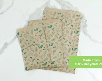 100 Pack RECYCLED PAPER Green Leaf Flat Gift Bags - Great for packaging, merchandise, gifts, weddings, parties, treat bags, gift bags, party