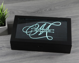 Personalized Custom Black Watch Box Case with LED Light - 9 Slots, Great for Birthday, Anniversary, Christmas, Groomsman Gift, Father's Day