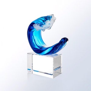 Custom Engraved Tidal Wave Art Glass Award, Glass Art Sculpture for surfer, ocean lovers, marine awards, kanagawa, wave sculpture