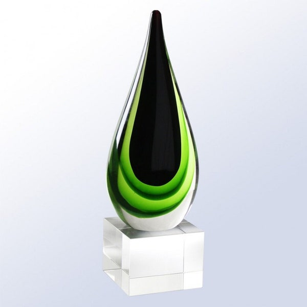 Custom Engraved Green Teardrop Art Glass Award ,Green & Black Award, Abstract Glass Sculpture, Glass Sculpture ,Art Glass Decor