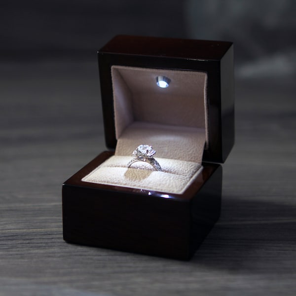 Wood Engagement Ring Box with LED light - Great for proposals, weddings, anniversaries, engagements, birthdays ,gift for her