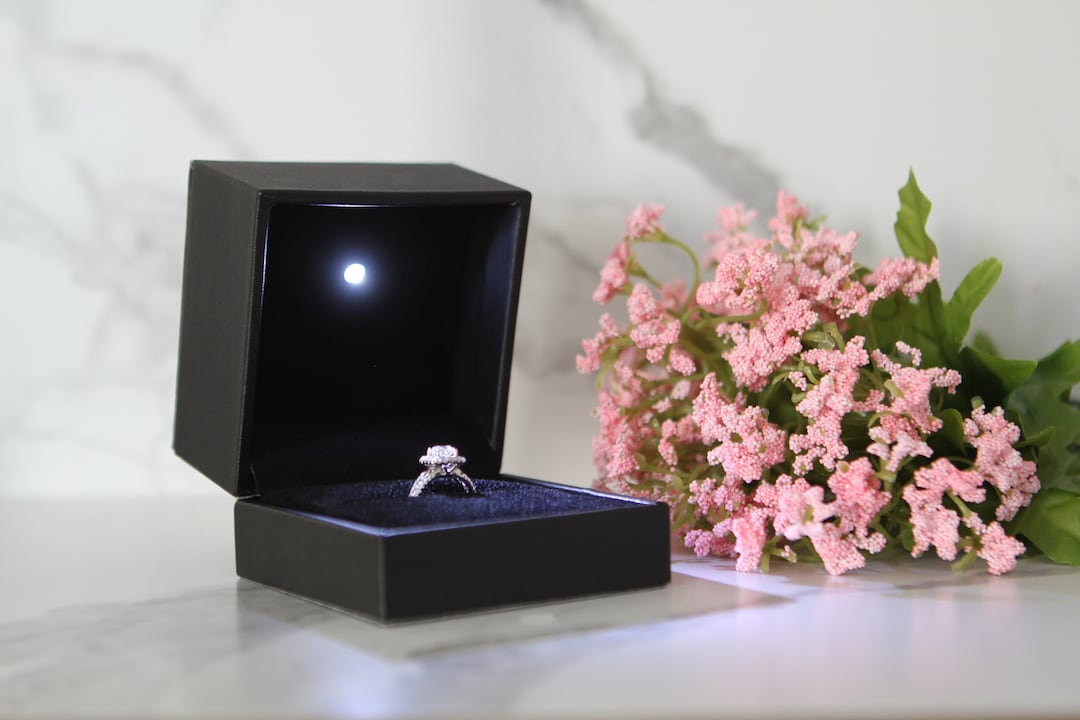 Large Black Leather Engagement Ring Box With LED Light Great for