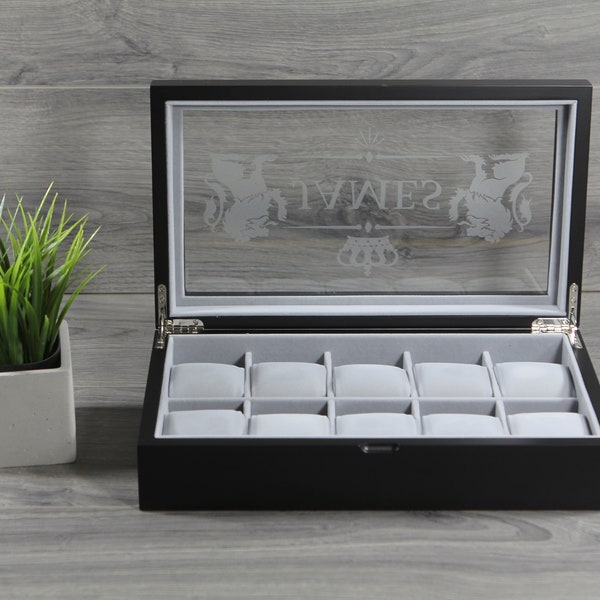 Personalized Custom Black Wide Watch Box Case - 10 Slots, Great for Birthday, Anniversary Gift, Christmas Gift, Groomsman Gift, Father's Day