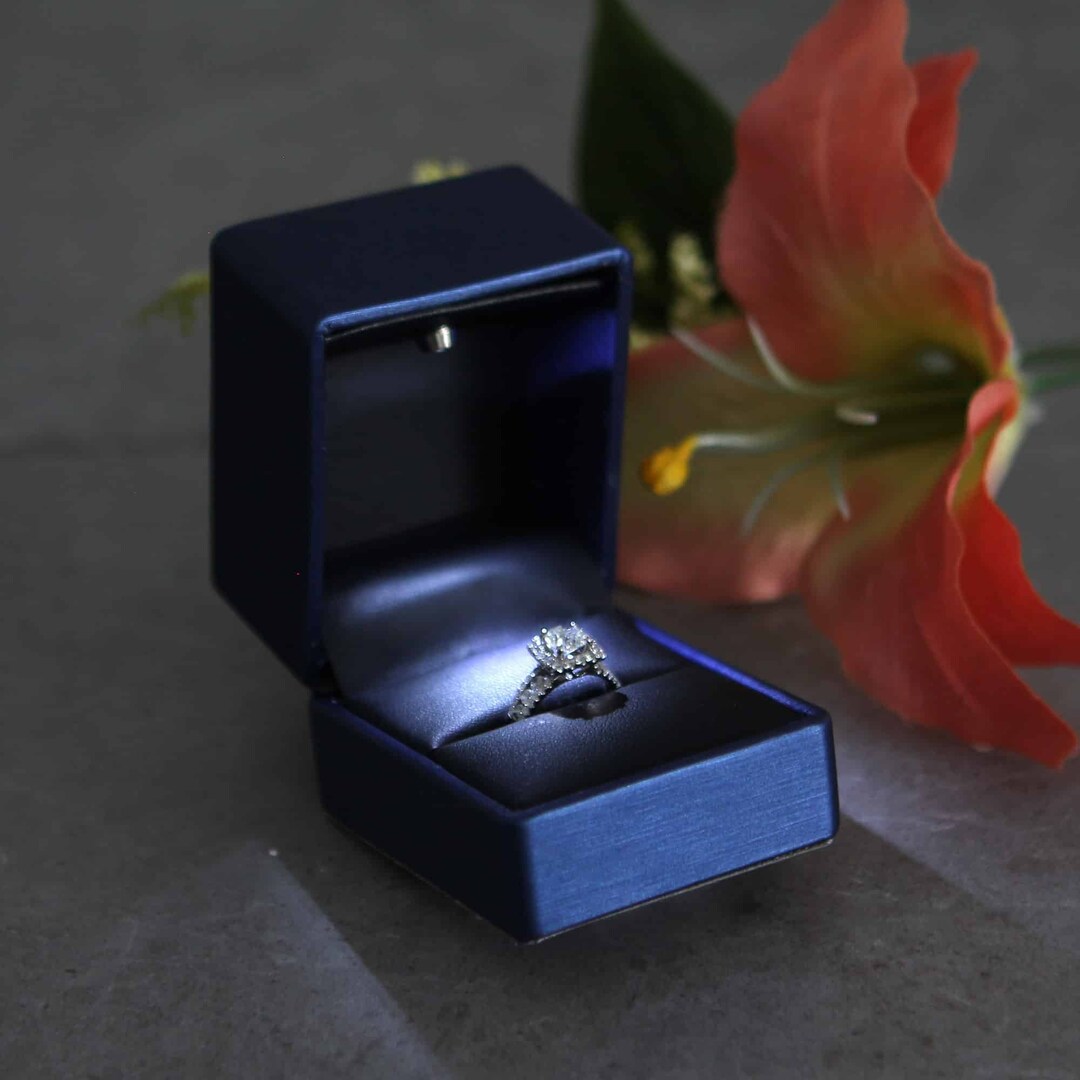 Blue Engagement Ring Box With LED Light Great for Proposals, Weddings