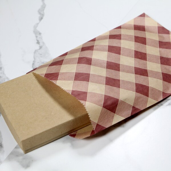 100 Pack Red Plaid Flat Paper Gift Bags, Great for packaging, merchandise, gifts, weddings, parties, treat bags, gift bags