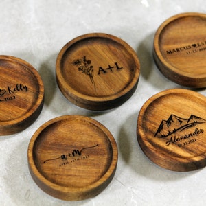 custom engraved wood ring dish with multiple designs. Engraved ring dish with initials , dates, names , mountains , hearts