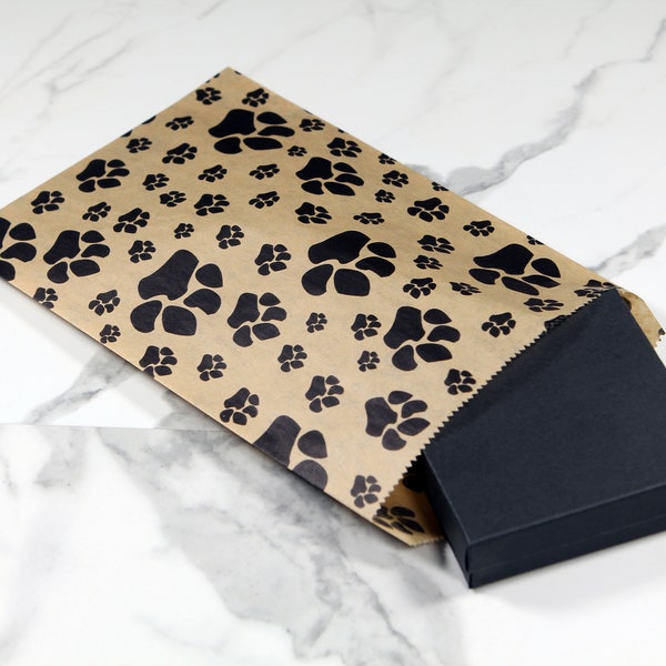 100 Pack Paw Print Flat Paper Gift Bags - Great for packaging, merchandise, gifts, weddings, parties, treat bags, gift bags