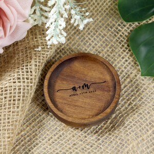 wood ring dish with custom monogram initial and date engraving