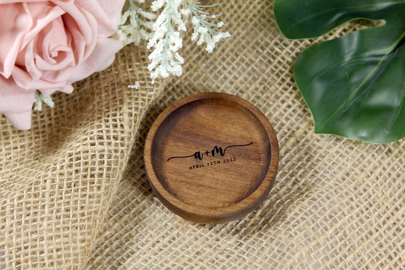 wood ring dish with custom monogram initial and date engraving