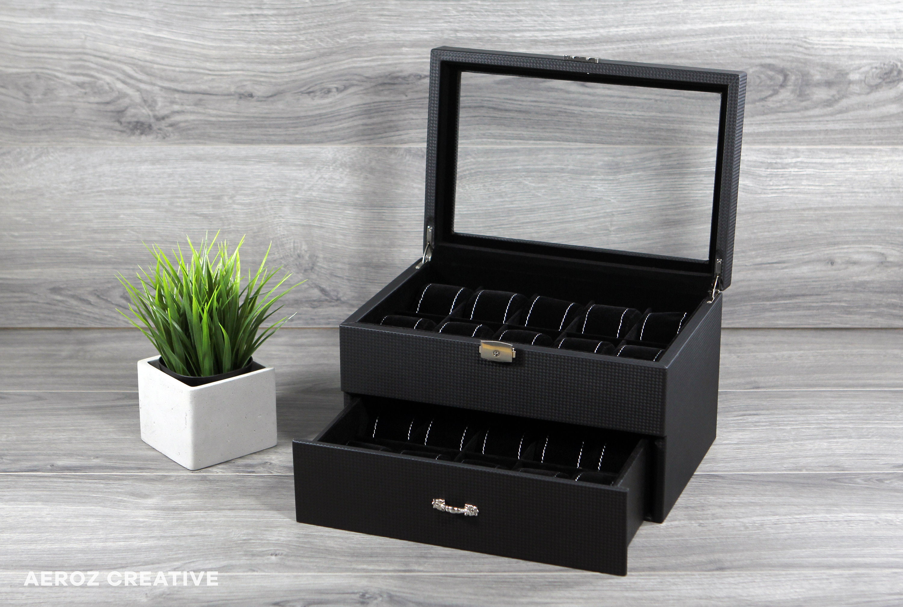 Personalized Black Carbon Fiber Pattern Watch Box - 20 Slots, Watch Storage Case, Custom Box, Gifts For Men, Gifts Dad, Birthday Gift