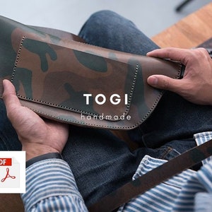May include: A brown leather bag with a camouflage pattern. The bag has a flap with the text "TOGI handmade" on it. A PDF icon is in the lower left corner of the image.