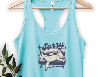 Sorry Got Plans Retro Graphic Tank Top, Sarcastic Tank Top, Lazy Cat Tank Top