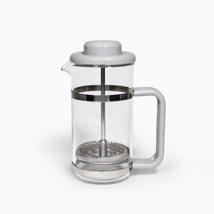 Bodum Vintage French Press Coffee Maker Single Serve Dove Gray Plastic and Glass 80s Eighties Scandinavian Decor Home Goods Made in Denmark