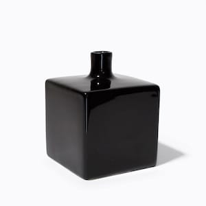 Peut inclure: Un vase carré en céramique noire avec une finition brillante. Le vase a un col étroit et un corps en forme de cube. Son design minimaliste et sa couleur noire unie en font une pièce décorative polyvalente.