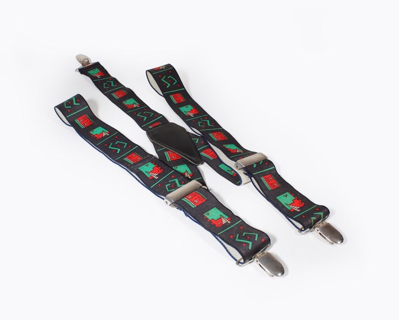 Pop Art Vintage Suspenders Clip End Style Braces Black Red Green Geometric Faces 80s Eighties Memphis Design Inspired Sustainable Fashion image 1