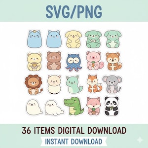 May include: A collection of 20 cartoon animal stickers in various colors, including cats, dogs, bears, an owl, a fox, a koala, a panda, and more. The text "SVG/PNG" is at the top, and "36 ITEMS DIGITAL DOWNLOAD INSTANT DOWNLOAD" is at the bottom.