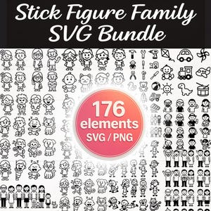 Op de afbeelding: Een zwart-wit SVG-bundel met illustraties van stokfigurenfamilies en andere elementen. De afbeelding bevat de tekst "Stick Figure Family SVG Bundle" en een cirkelvormige afbeelding met de tekst "176 elements SVG/PNG".