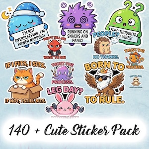 Puede incluir: Un conjunto de pegatinas de dibujos animados coloridas con varios diseños y frases. Incluye un monstruo azul con gorro de dormir, una criatura morada con ojos arremolinados y un extraterrestre verde. Otras pegatinas con un gato en una caja, un diablo y un conejo.