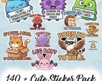 May include: A collection of colorful, cartoon-style stickers with various designs and phrases. Includes a blue monster in a nightcap, a purple creature with swirling eyes, and a green alien. Other stickers feature a cat in a box, a devil, and a bunny.