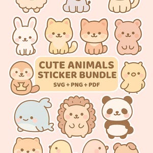 May include: A set of adorable animal stickers featuring a sheep, elephant, cat, rabbit, bear, sloth, seal, hedgehog, panda, and dog. The stickers are in a cartoon style and various colours. The image includes the text "Cute Animals Sticker Bundle SVG + PNG + PDF."