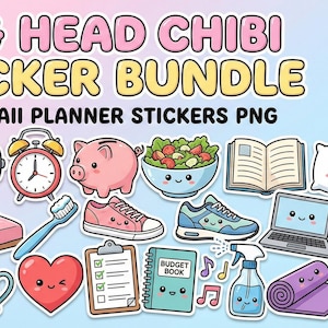 Könnte beinhalten: Eine Sammlung von Kawaii-Planer-Stickern mit Objekten wie Hanteln, Wecker, Sparschwein, Turnschuhen und Laptop. Die Sticker sind farbenfroh und im Cartoon-Stil gehalten, mit dem Text "BIG HEAD CHIBI STICKER BUNDLE" und "140 SVG PNG ELEMENTS".