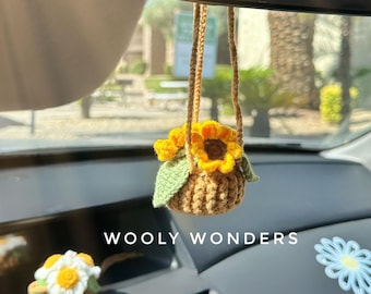 Crochet Sunflower Car Accessory: Handmade Daisy Flower Pot Rearview Mirror Decor