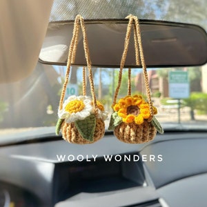 Handmade Crochet Daisy Sunflower Car Hanging: Rearview Mirror Decor
