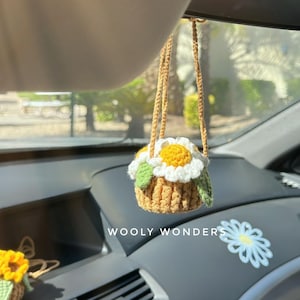 Crochet Daisy Flower Pot Car Accessory: Handmade Rearview Mirror Plant Decor