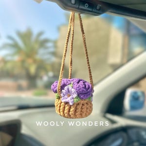 Purple Rose Basket with Forget Me Not Flowers, Car Accessories for Women, Crochet Rear View Mirror Decor, Gifts for Her, Plant Lovers Gift