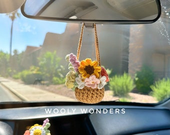 Crochet Flower Pot Car Charm: Spring Mix Rearview Mirror Decor