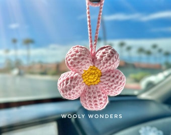 Crochet Pink Flower Car Charm, Rear View Mirror Decoration