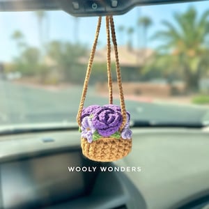 Purple Rose Basket with Forget Me Not Flowers, Car Accessories for Women, Crochet Rear View Mirror Decor, Gifts for Her, Plant Lovers Gift
