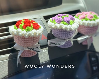Crochet Flower Bouquet Car Vent Clip: Handmade Car Air Freshener Decor