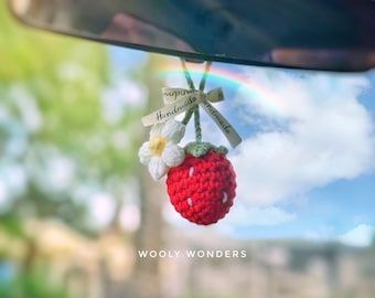 Strawberry Hanging Car Charm, Car Accessories for Women, Crochet Car Accessories, Rear Mirror Car Hangings, Gift for Her, Gift for Mom