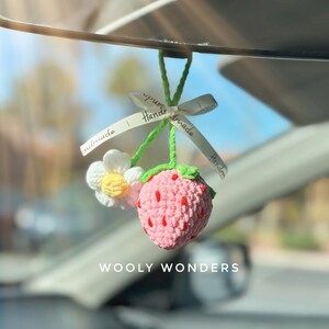 Strawberry Hanging Car Charm, Car Accessories for Women, Crochet Car Accessories, Rear Mirror Car Hangings, Gift for Her, Gift for Mom