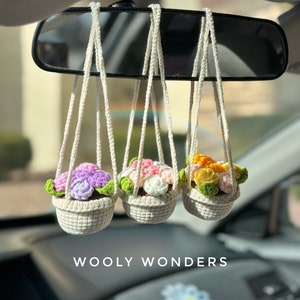 Pink Mini Rose Flower Pot, Car Accessories for Women, Crochet Hanging Plants, Cute Rear Mirror Decor, Gifts for Her, Car Plant Decor