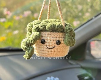 Crochet Succulent Car Charm: Handmade Cactus Rear View Mirror Decor