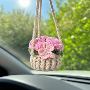 Handmade Crocheted Flower Car Charm, Rear View Mirror Hanging, Knitted Car Accessory, Boho Decor, Car Lover Gift for Her, Pastel Floral