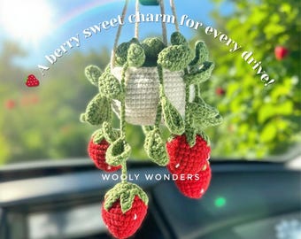Crochet Strawberry Plant Car Charm: Handmade Rear View Mirror Decor