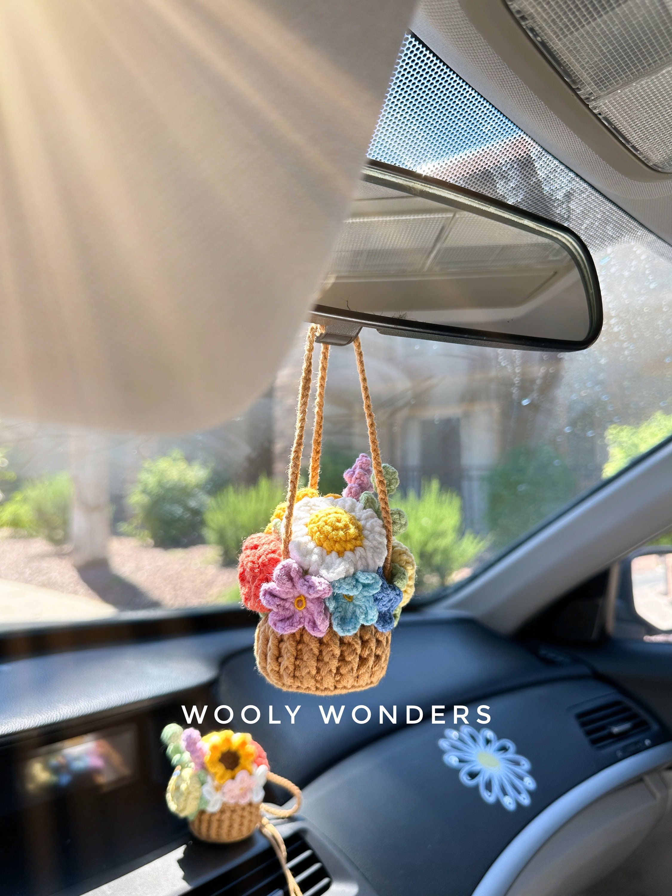 Crochet Flower Pot Car Charm: Spring Mix Rearview Mirror Decor - Etsy