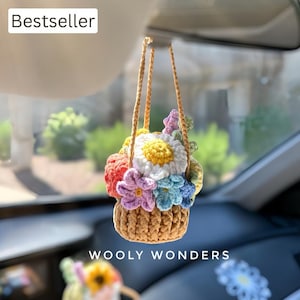 Crochet Flower Pot Car Charm: Handmade Rear View Mirror Hanging