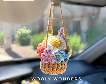 Crochet Flower Pot Car Charm: Handmade Rear View Mirror Hanging