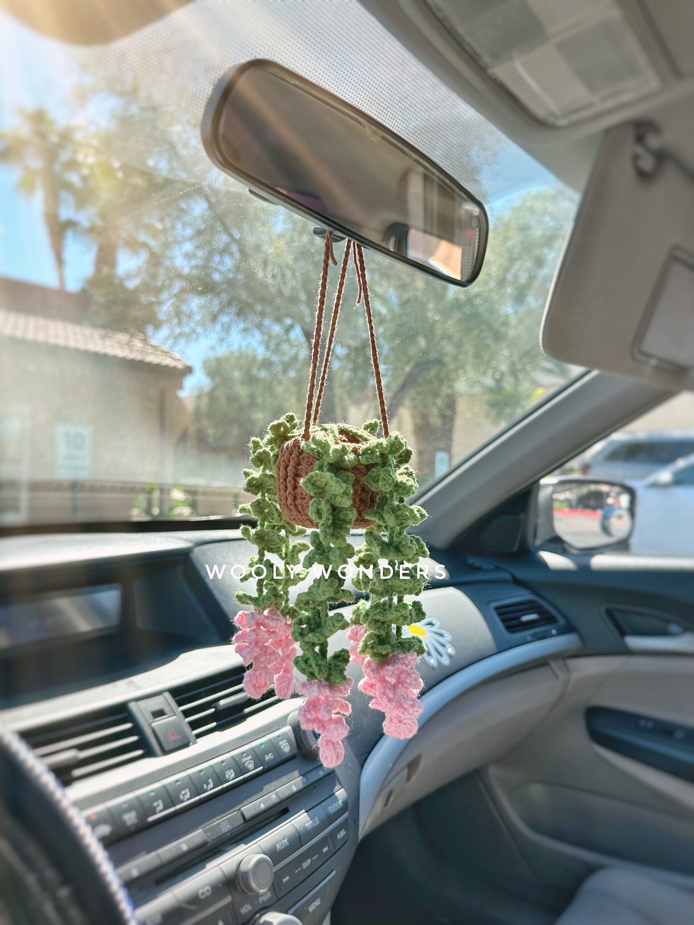Crochet Pink Vines, Car Accessories for Women, Crochet Hanging Plants, Boho Rear Mirror Decor, Gifts for New Drivers, Car Plant, Car Decor