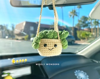 Crochet Succulent Car Charm: Handmade Cactus Rear View Mirror Decor