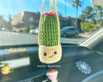 Crochet Succulent Car Charm: Handmade Cactus Rear View Mirror Accessory