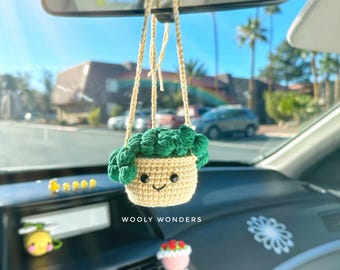 Crochet Succulent Car Charm: Handmade Cactus Rear View Mirror Accessory
