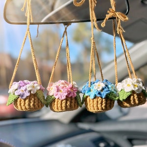 Forget-me-not Flower Pot, Car Accessories for Women, Crochet Hanging Plants, Cute Rear Mirror Decor, Gifts for Her, Car Plant Decor