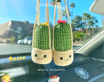 Crochet Cactus Car Charm: Handmade Rear View Mirror Accessory