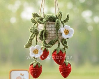 Crochet Strawberry Plant Car Charm with Flowers: Handmade Rear View Mirror Decor