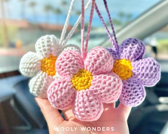 Crochet Bubble Flower Car Charm: Milk Cotton Rear View Mirror Decor